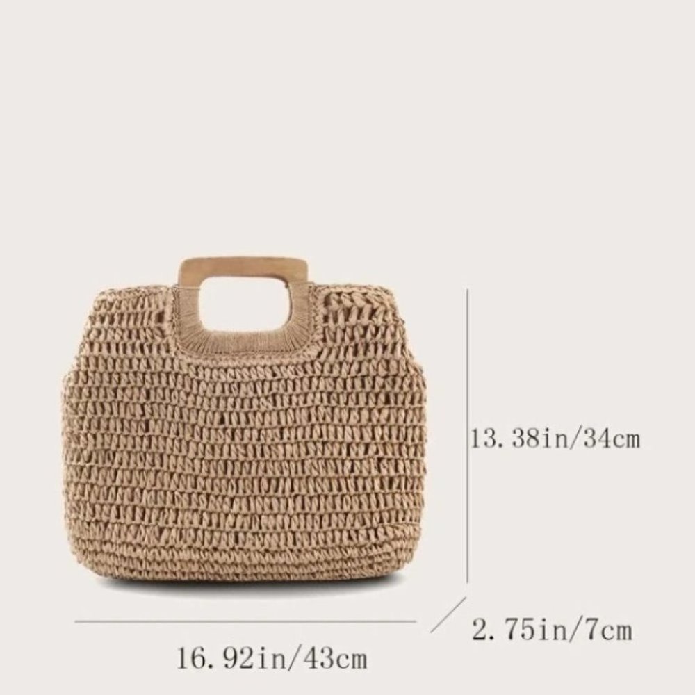 Vacation Vibes khaki straw bag wood handle tote Boho beach - Picture 7 of 8